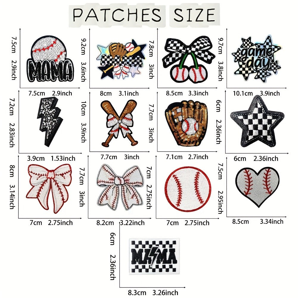 Embroidered Patch - Baseball Patches Iron-on 13pcs Sequin Applique Set with Gloves Bats Stars - product detail view 2
