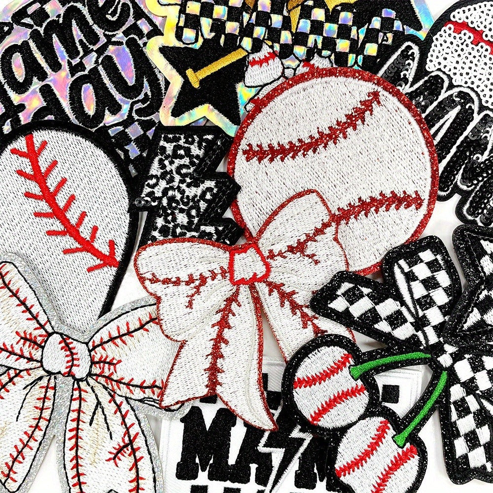 Embroidered Patch - Baseball Patches Iron-on 13pcs Sequin Applique Set with Gloves Bats Stars - product detail view 3