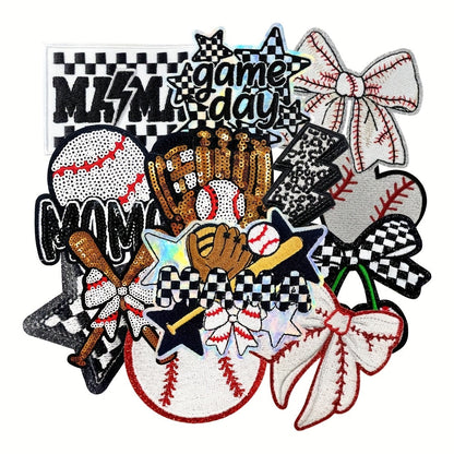 Embroidered Patch - Baseball Patches Iron-on 13pcs Sequin Applique Set with Gloves Bats Stars - product detail view 9