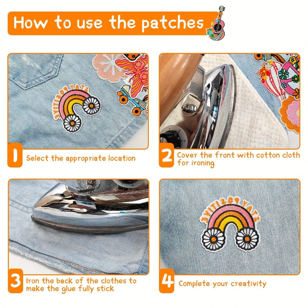 Embroidered Patch - Iron-On Patches Set of 48 - Hippie Bohemian Appliques for Clothing, Hats - product detail view 6