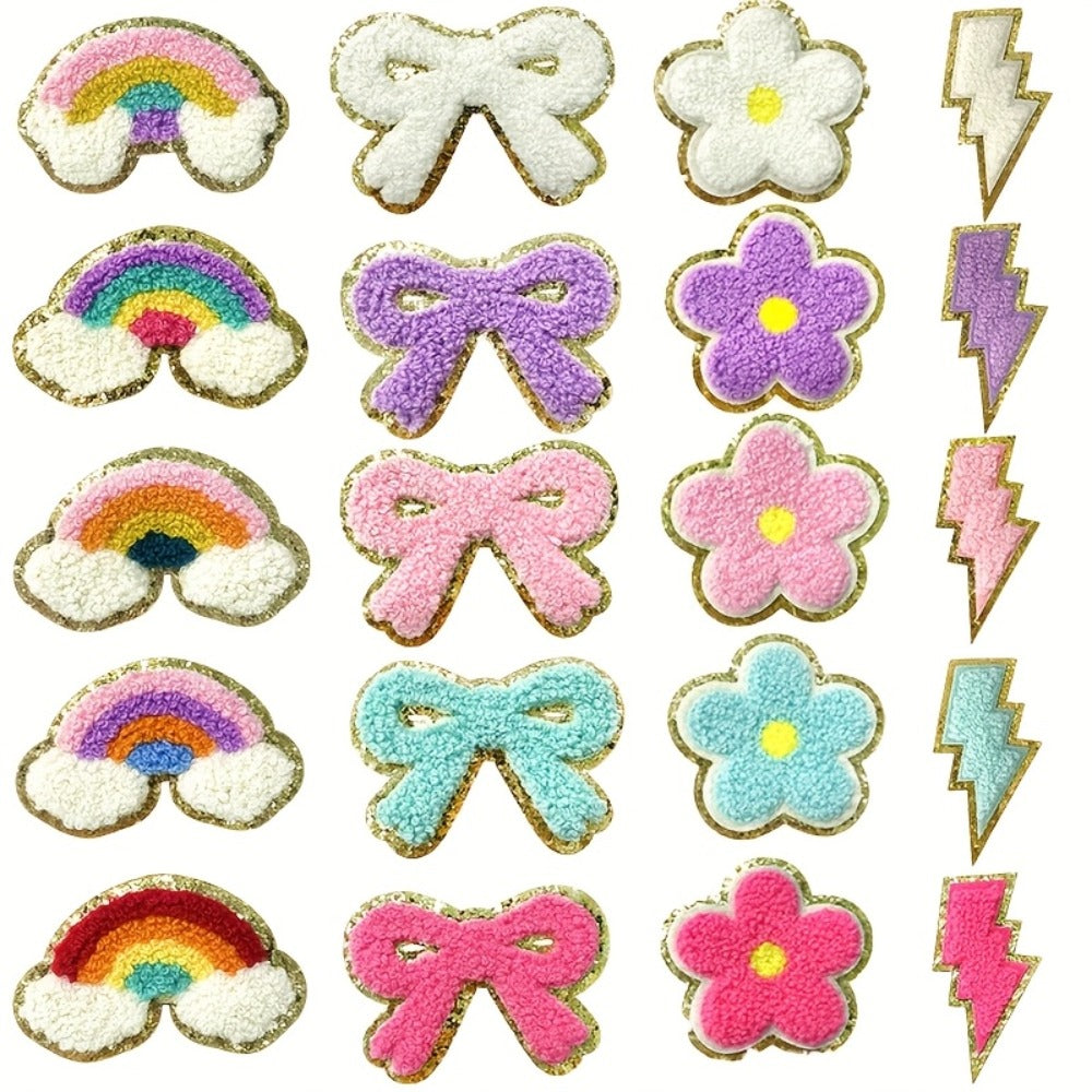 Embroidered Patch - Patches Set of 20 - Glitter Rainbow Flower Plush Self-Adhesive Appliques - main product view