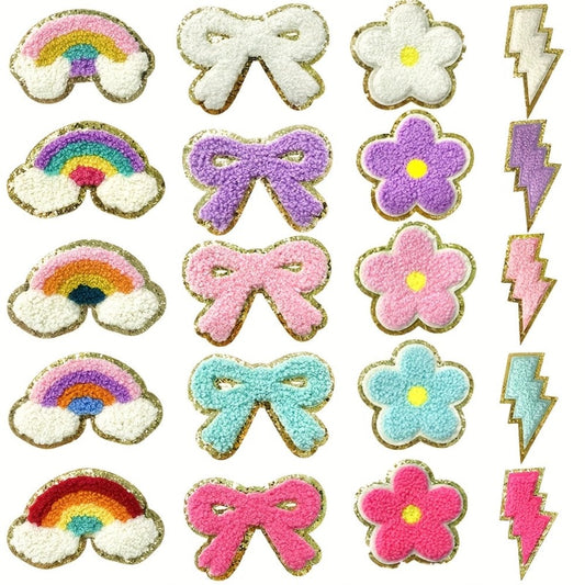 Embroidered Patch - Patches Set of 20 - Glitter Rainbow Flower Plush Self-Adhesive Appliques - main product view