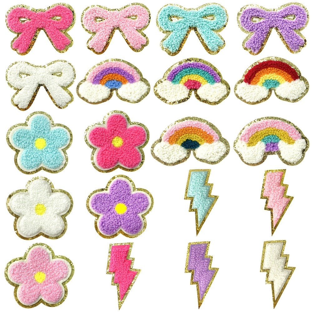 Embroidered Patch - Patches Set of 20 - Glitter Rainbow Flower Plush Self-Adhesive Appliques - product detail view 2