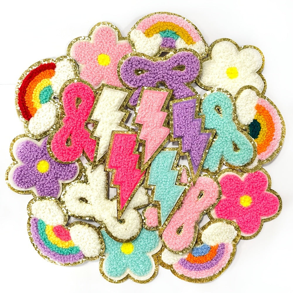Embroidered Patch - Patches Set of 20 - Glitter Rainbow Flower Plush Self-Adhesive Appliques - product detail view 5
