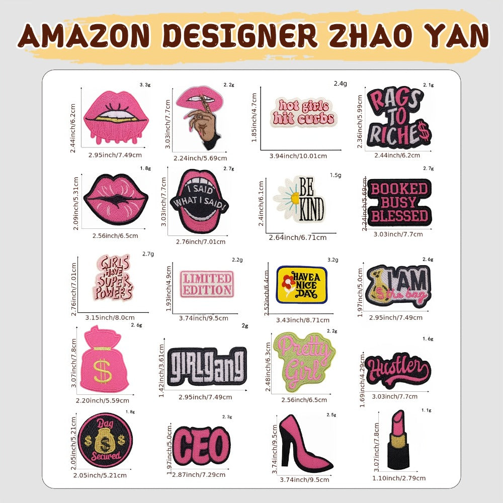 Embroidered Patch - Patches Set of 20 - Hot Pink Women Power Phrase Iron-On Sew-On Patches for - product detail view 2