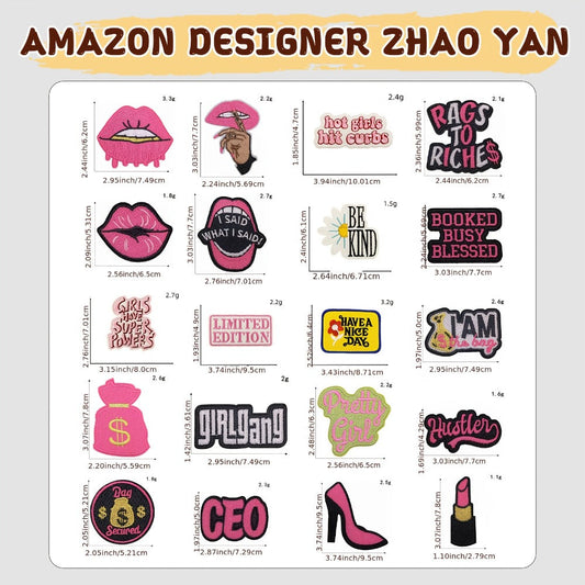 Embroidered Patch - Patches Set of 20 - Hot Pink Women Power Phrase Iron-On Sew-On Patches for - product detail view 2