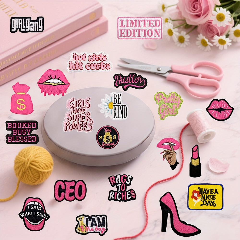 Embroidered Patch - Patches Set of 20 - Hot Pink Women Power Phrase Iron-On Sew-On Patches for - product detail view 4