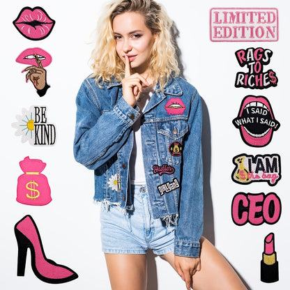 Embroidered Patch - Patches Set of 20 - Hot Pink Women Power Phrase Iron-On Sew-On Patches for - product detail view 5