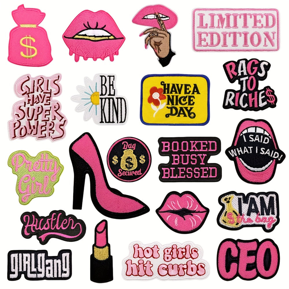 Embroidered Patch - Patches Set of 20 - Hot Pink Women Power Phrase Iron-On Sew-On Patches for - product detail view 7