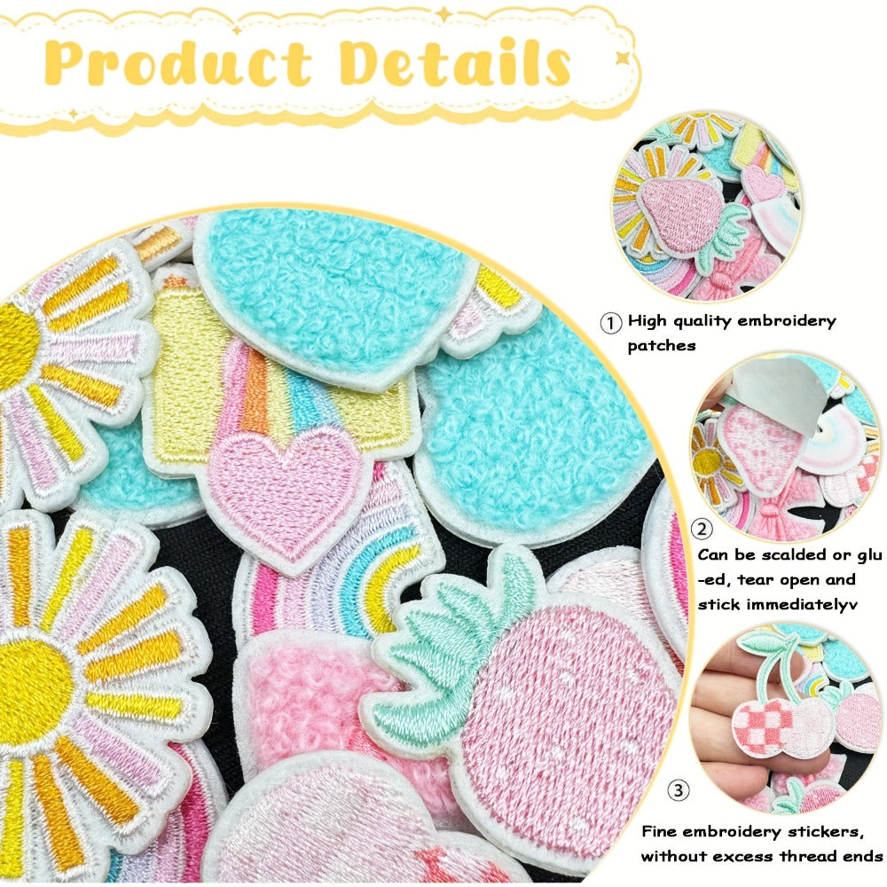 Embroidered Patch - Patches Set of 27 - Pink Sun & Rainbow Retro Iron-On Patches for Clothing - product detail view 3