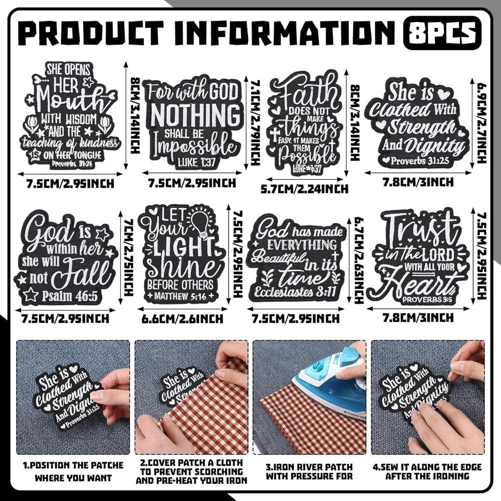 Embroidered Patch - Patches Set of 8 - Christian Bible Faith Verse Iron-On Sew-On Patches for - product detail view 8