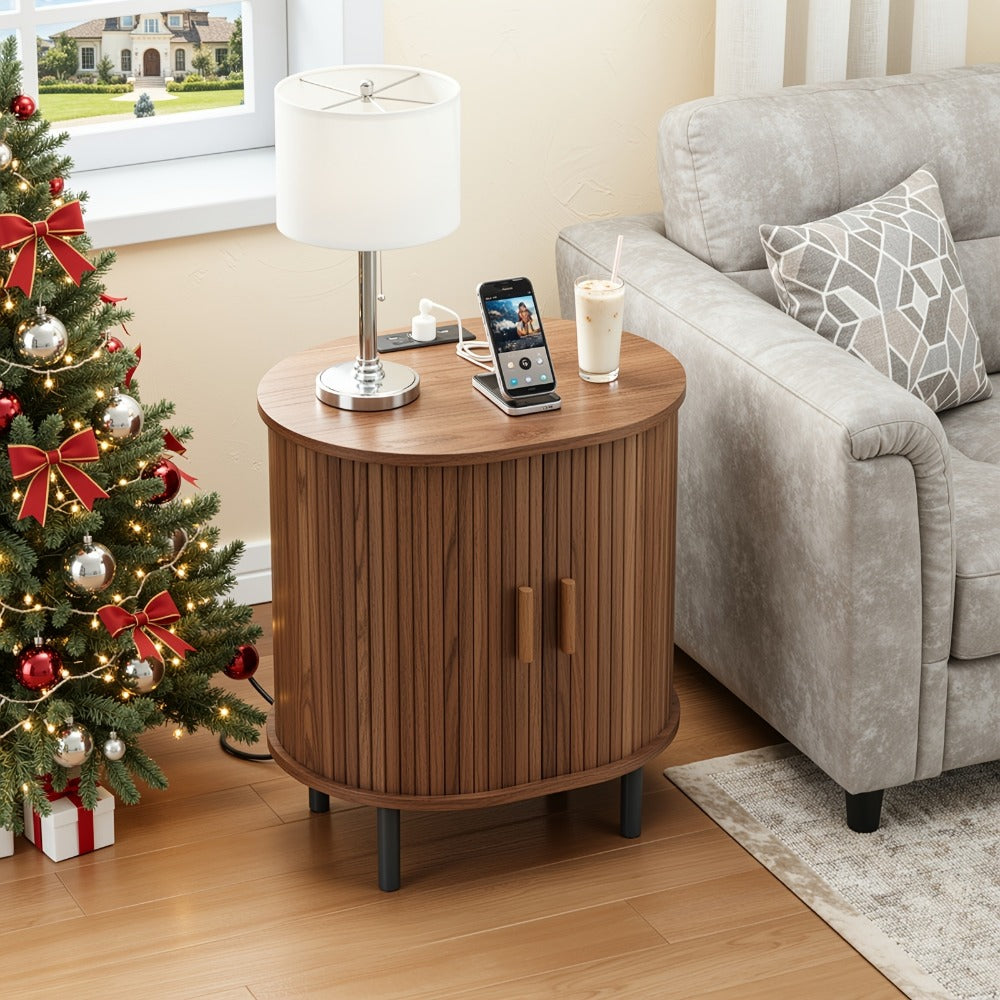 End Table, Oval with Storage & Charging Station, Wood Accent Side Table Sliding Door shown in the main product view