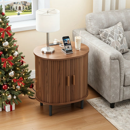 End Table, Oval with Storage & Charging Station, Wood Accent Side Table Sliding Door shown in the main product view
