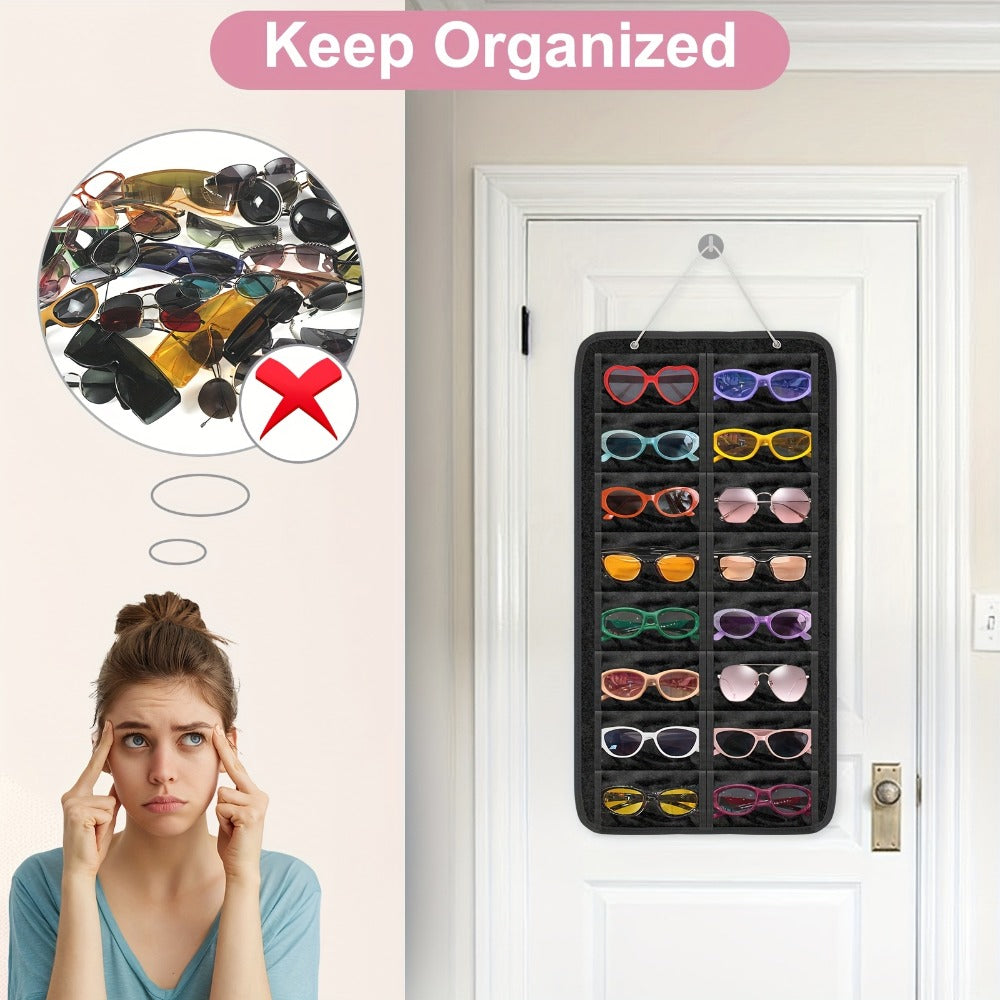 Eyewear Accessories - Sunglasses Organizer 16 Pockets Hanging Wall-Mounted Felt Storage Bag - product detail view 4