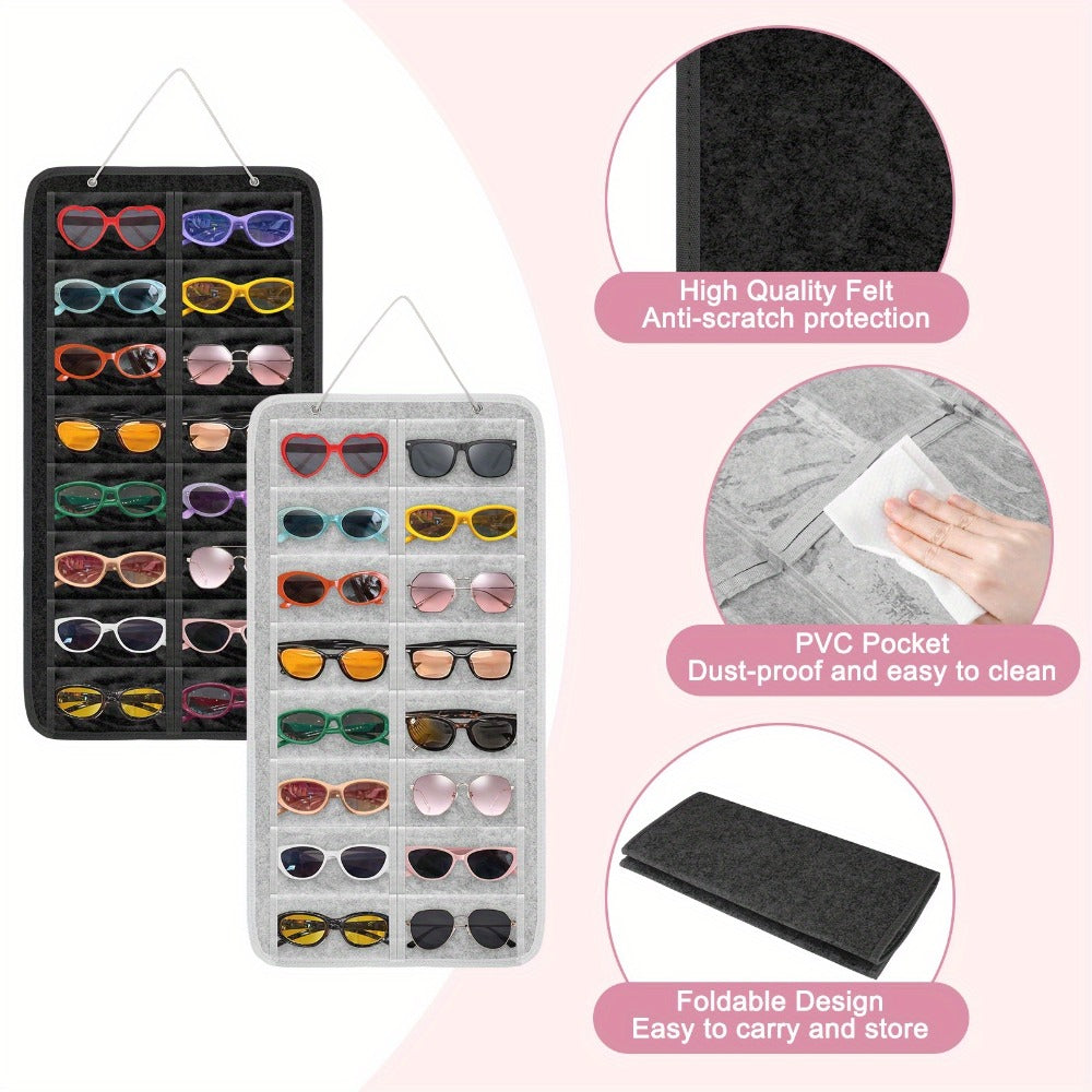 Eyewear Accessories - Sunglasses Organizer 16 Pockets Hanging Wall-Mounted Felt Storage Bag - product detail view 7