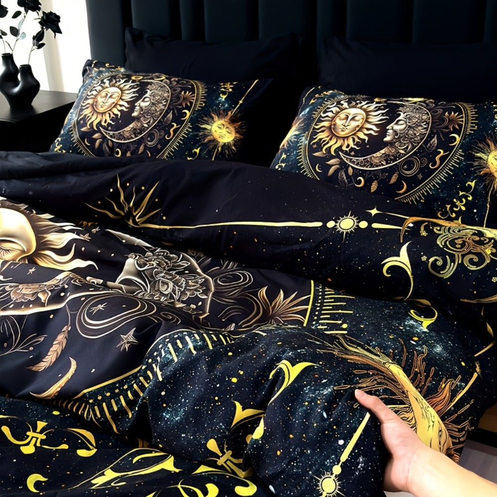 3-Piece Duvet Cover Set with Gold-Tone Sun, Moon, Star and Orbit Print in Twin to King Sizes