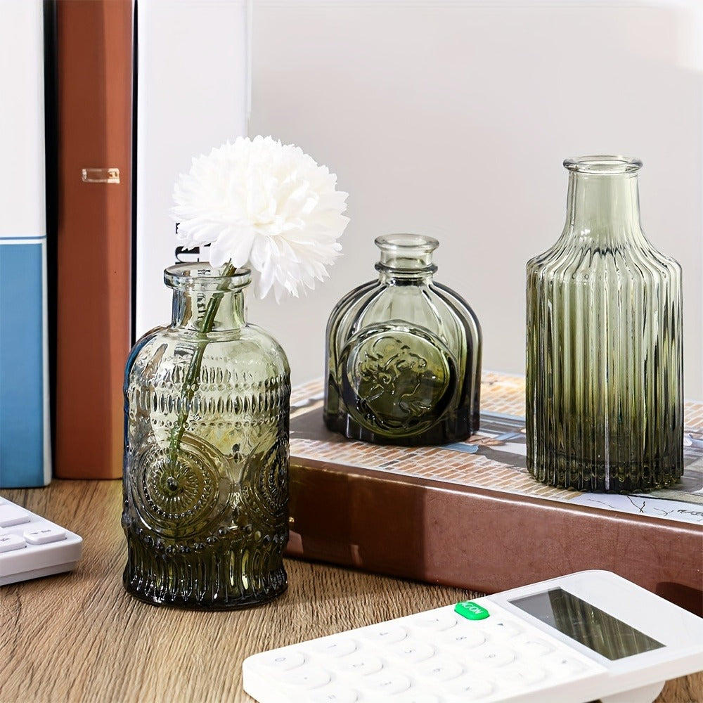 Gradient Green Mini Glass Bud Vases, 14-Piece Mixed Relief Bottle Set for Tables, Weddings and Shelf Decor