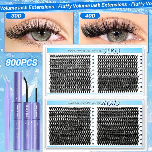 800Pcs Fluffy Wispy Lash Clusters Kit — 30D 40D Mixed Length 8-16mm DIY Eyelash Extensions with 2-in-1 Bond & Seal Glue and Tweezers, Natural Long-Lasting Cluster Lashes for Everyday Wear & Events