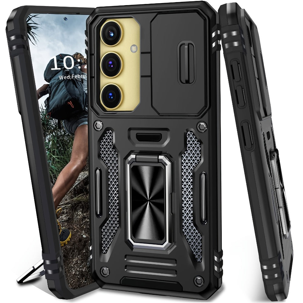 Samsung Galaxy Shockproof Magnetic Phone Case with 360° Rotating Ring Bracket & Sliding Lens Protector – Heavy Duty Cover for S24FE S23FE S22 S21FE Ultra A55 A54 A35 A34 A25 A24 A16 A15 A14 A06 A05 A05S 5G