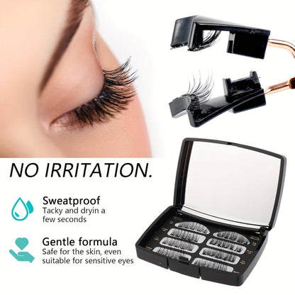 Eight-Piece Black Magnetic False Eyelash Kit with Rectangular Case, Applicator, Tweezers and Brush