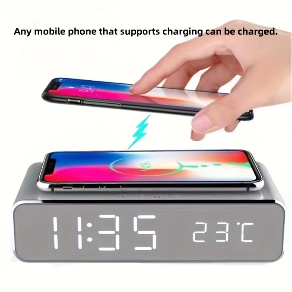 Wireless Charging Alarm Clock with Black or Silver-Tone Housing, Digital Time Display and Top Charging Surface