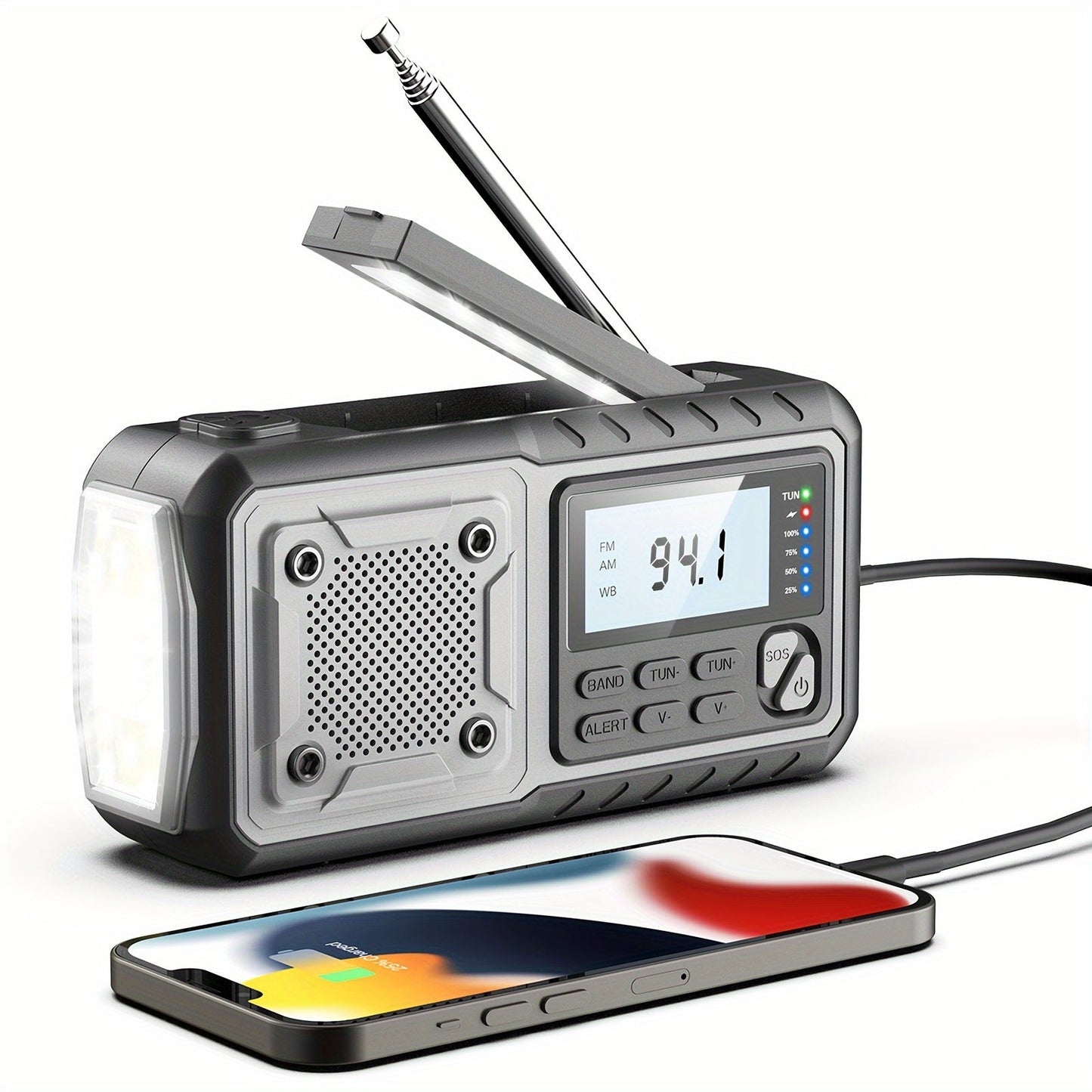 5000mAh Digital AM/FM/NOAA Emergency Radio with Solar Panel, Hand Crank, Reading Light and Three Colors