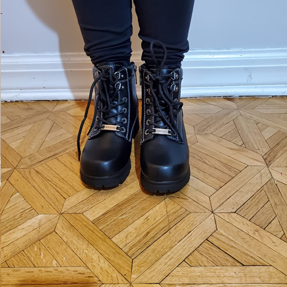Women's Motorcycle Riding Boots, Low Heel Lace-Up Ankle Booties with Side Zipper, Non-Slip Rubber Sole Biker Combat Boots in Black Faux Leather, All-Season, US Sizes 6–11