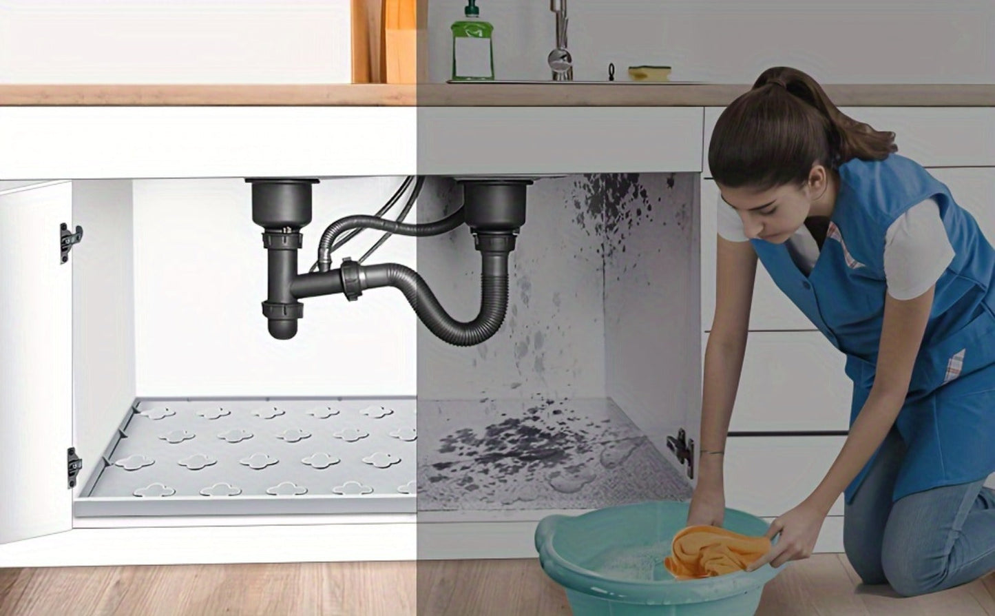 Under Sink Mat Waterproof Silicone 34" x 22" Undersink Drip Tray Liner for Kitchen Bathroom Cabinet, Holds 2 Gallons, Non-Toxic Durable Cabinet Protector with Raised Edges Four-Leaf Clover Pattern