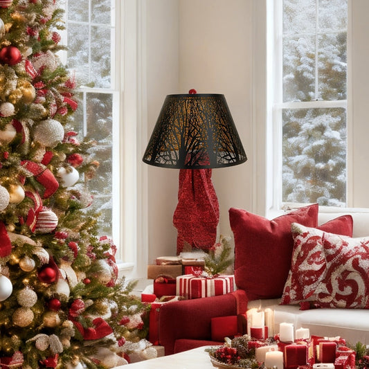Metal Lampshade Etched Forest & Leaf Design | Black Exterior Gold Interior | Barrel Lamp Shade for Table Lamp & Floor Lamp | Medium Large Decorative Lampshade 7x13x7.8 inch