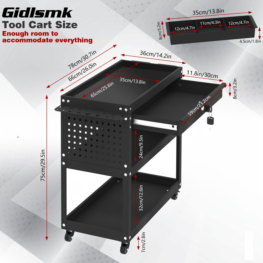 Rolling Tool Cart 3-Layer with Drawers & Screw Box Storage, Heavy-Duty Mechanic Trolley on Wheels for Garage Workshop Repair Shop, 400LBS / 450LBS / 550LBS Load Capacity, Industrial Tool Organizer