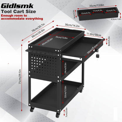 Rolling Tool Cart 3-Layer with Drawers & Screw Box Storage, Heavy-Duty Mechanic Trolley on Wheels for Garage Workshop Repair Shop, 400LBS / 450LBS / 550LBS Load Capacity, Industrial Tool Organizer