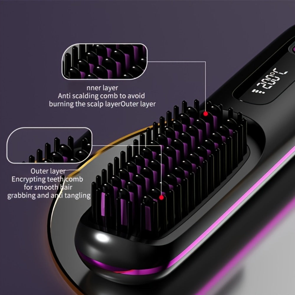Cordless Hair Straightening Brush with USB-C Charging, Three Heat Levels and Black or White Options