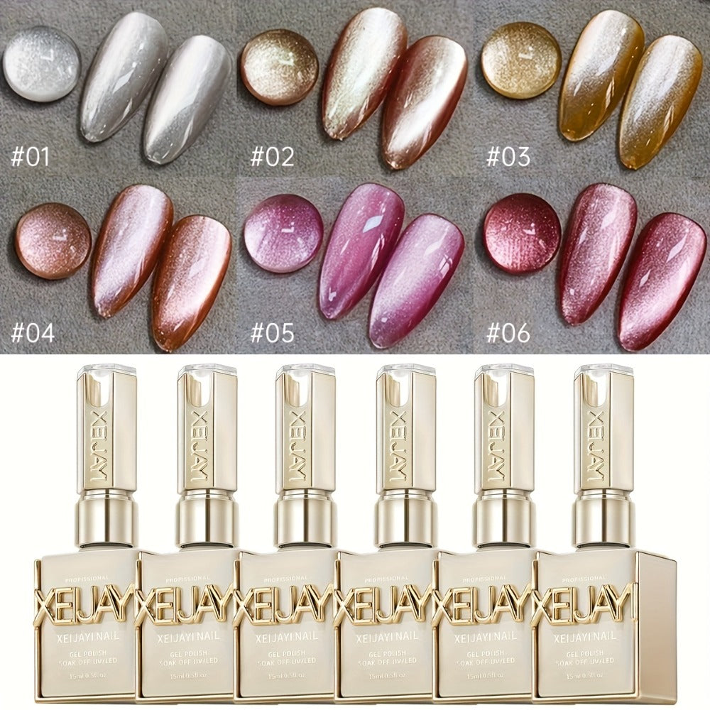 Gel Nail Polish 6-Color Rock-Candy Magnetic Cat-Eye Set with Holographic Reflective Finish