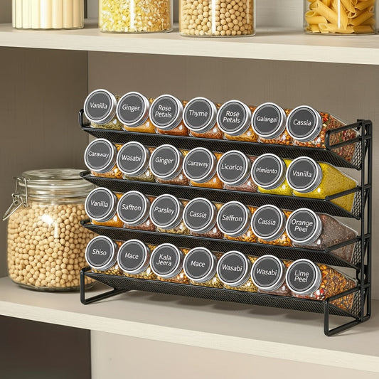 Spice Rack Organizer with 28 Jars, 386 Pre-Printed Labels, Chalk Marker & Funnel — Wall Mount, Cabinet, Countertop & Pantry Spice Storage | 13.4"W × 10.8"H | Black