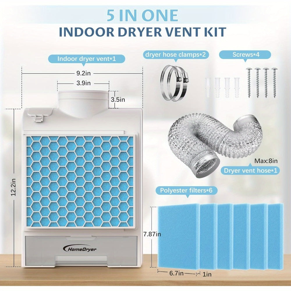 Indoor Electric Dryer Vent Kit with Lint Trap Box, Stainless Steel Screen, Six Filters and Vent Hose