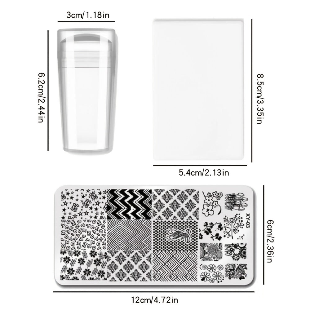 9-Piece Nail Stamping Set with Seven Mixed-Design Plates, Clear Stamper and Scraper for Manicure Art