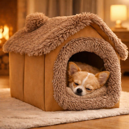 Plush Dog House Cave Bed with Brown-1 Finish, L Size Label and Padded Inner Mat for Indoor Pets