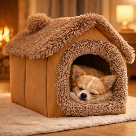 Plush Dog House Cave Bed with Brown-1 Finish, L Size Label and Padded Inner Mat for Indoor Pets