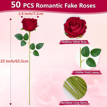Artificial Flowers Long-Stem Velvet Rose Set in 50 or 100-Piece Variant Options across Five Colors