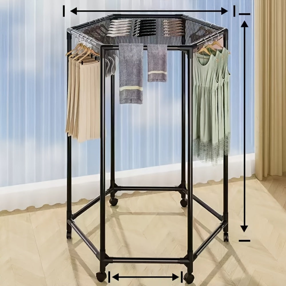Rotating Hexagonal Garment Rack with Six-Sided Hanging Frame, Casters and Black or White Mesh-Bag Options