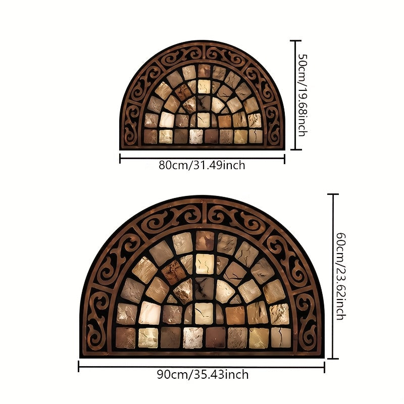 Doormat Non-Slip Stone Print Semi-Circular Welcome Mat Thick Soft Earth Tone Mosaic Design Machine Washable Outdoor Indoor Porch Rug for Home Decor
