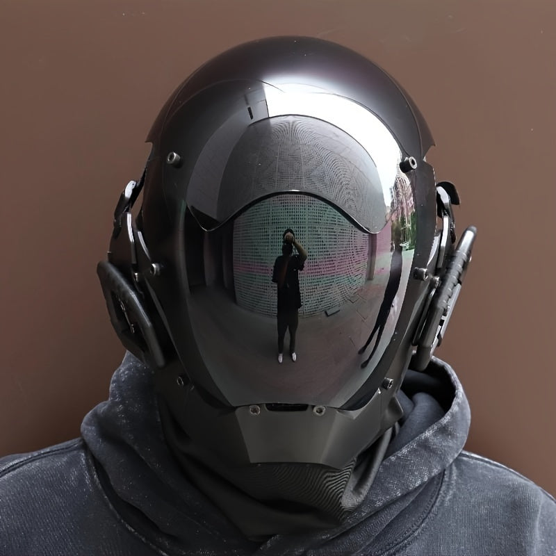 Black Reflective Cyberpunk Costume Mask with Full-Face Visor, Mechanical Side Details and Adjustable Rear Straps