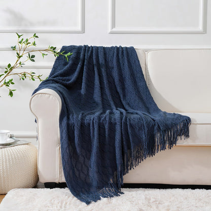 50 x 60-Inch Throw Blanket with Raised Geometric Texture, Tassel Fringe and Six Solid Color Options