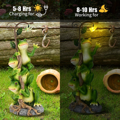 Solar Garden Lights Frog Reading Statue with Lantern, One-Piece Resin Lawn and Patio Ornament