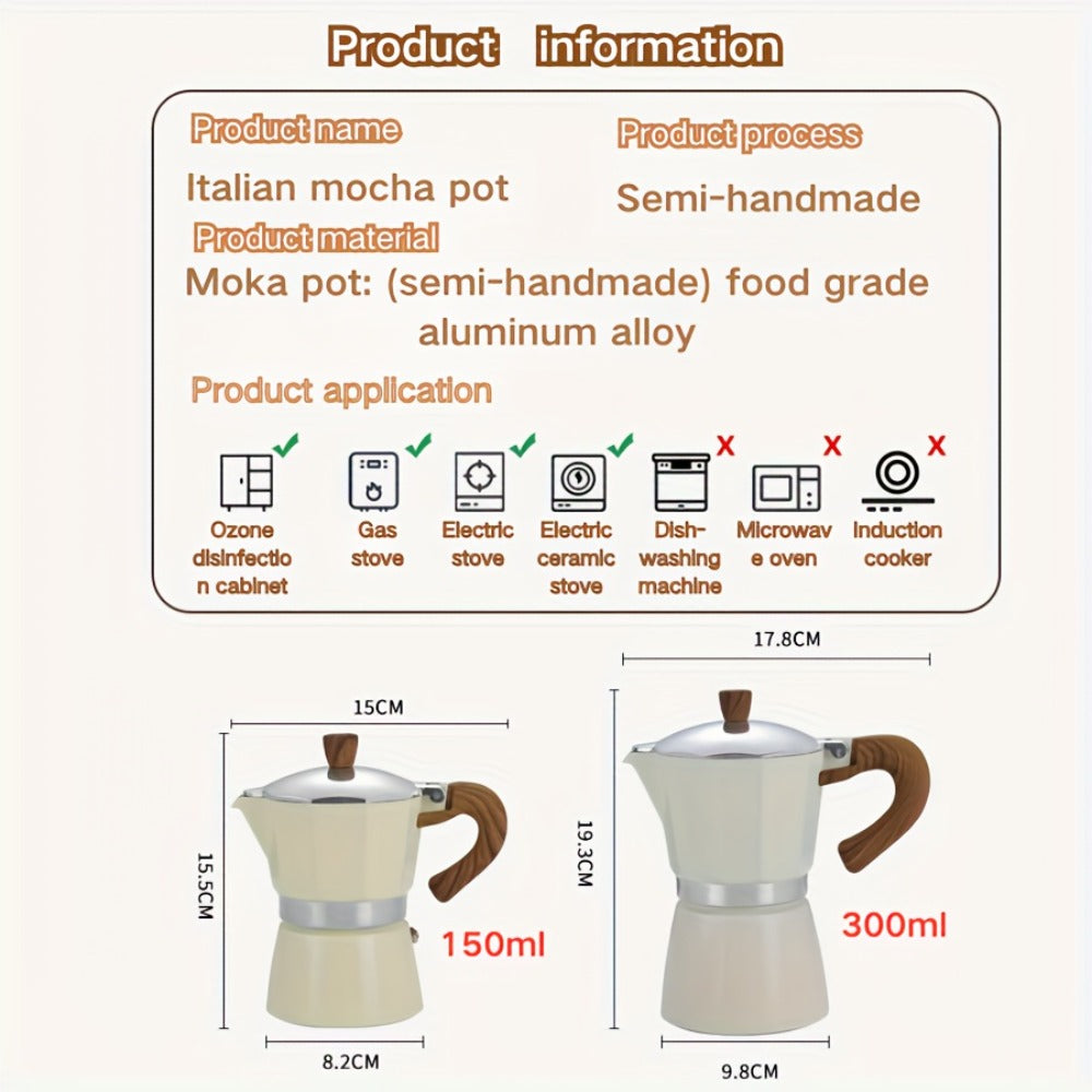 Classic 150ml Stovetop Moka Pot with Faceted Body, Wood-Look Handle and Seven Color Options