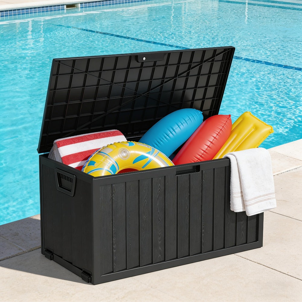 35- or 75-Gallon Outdoor Deck Box with Hinged Lid, Side Grips and Black or Beige Model Options