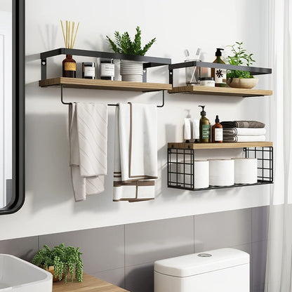Rustic Wall-Mounted Shelf Sets in Two- or Four-Piece Configurations with Wood Platforms and Black Metal Storage Racks
