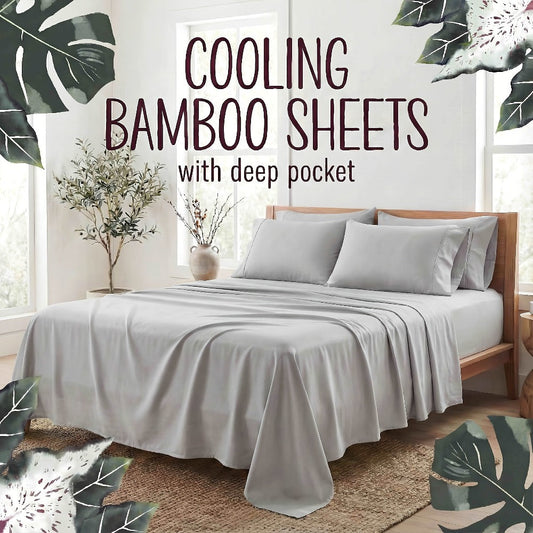 Bed Sheet Set 4-Piece Bamboo Fiber with Deep-Pocket Fitted Sheet, Four Sizes and Twelve Color Options