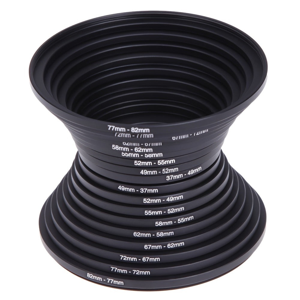 18-Piece Step-Up and Step-Down Lens Filter Adapter Ring Set Covering 37–82 mm Thread Sizes