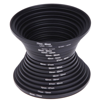 18-Piece Step-Up and Step-Down Lens Filter Adapter Ring Set Covering 37–82 mm Thread Sizes